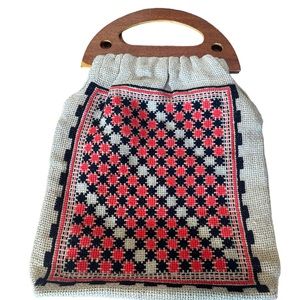 Vintage Burlap Boho Purse Wooden Handles Red Black Checkeed Oversized handbag